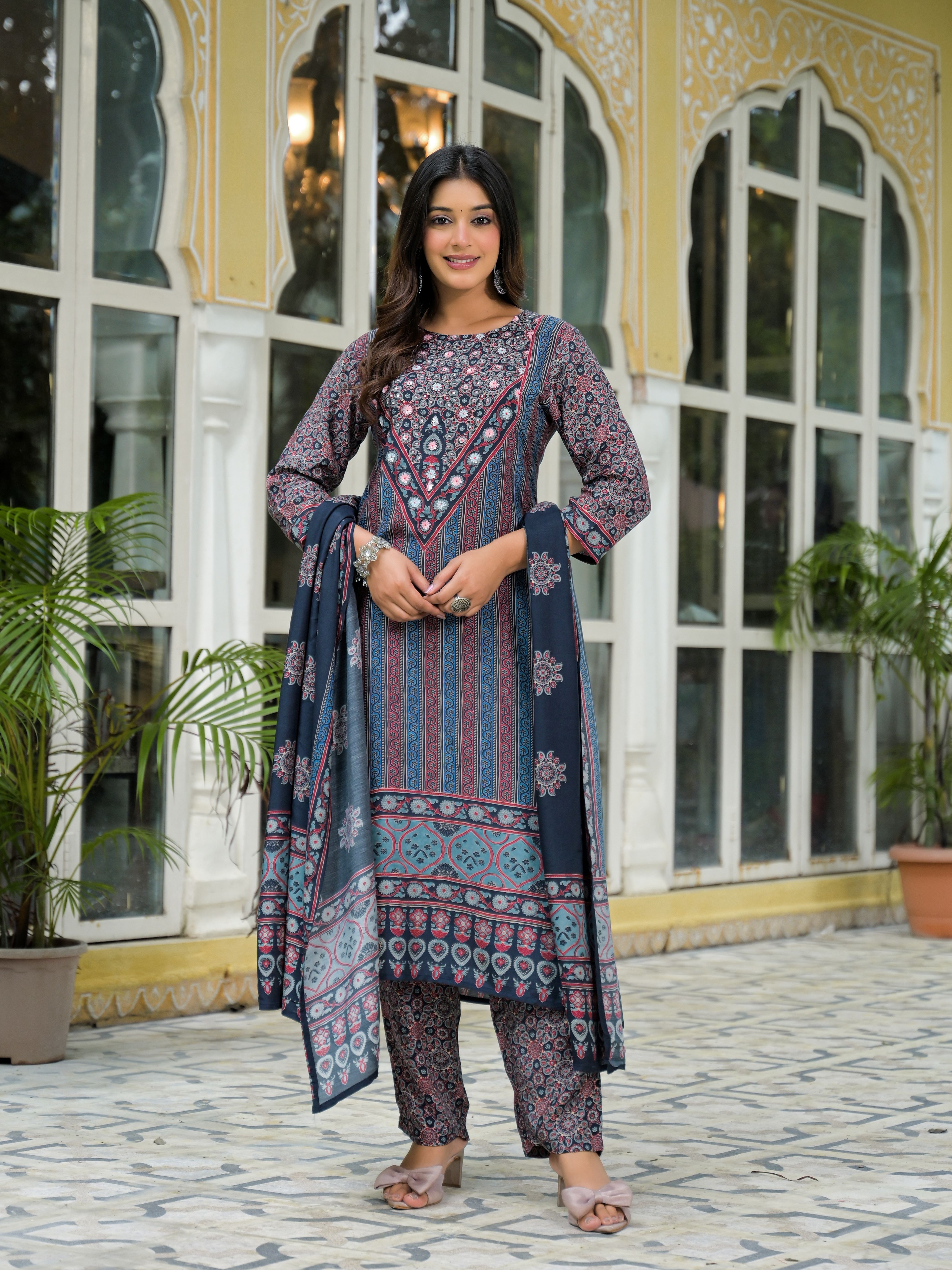 Ethnic Motifs Printed Round Neck Beads & Stones Muslin Kurta With Trousers & Dupatta