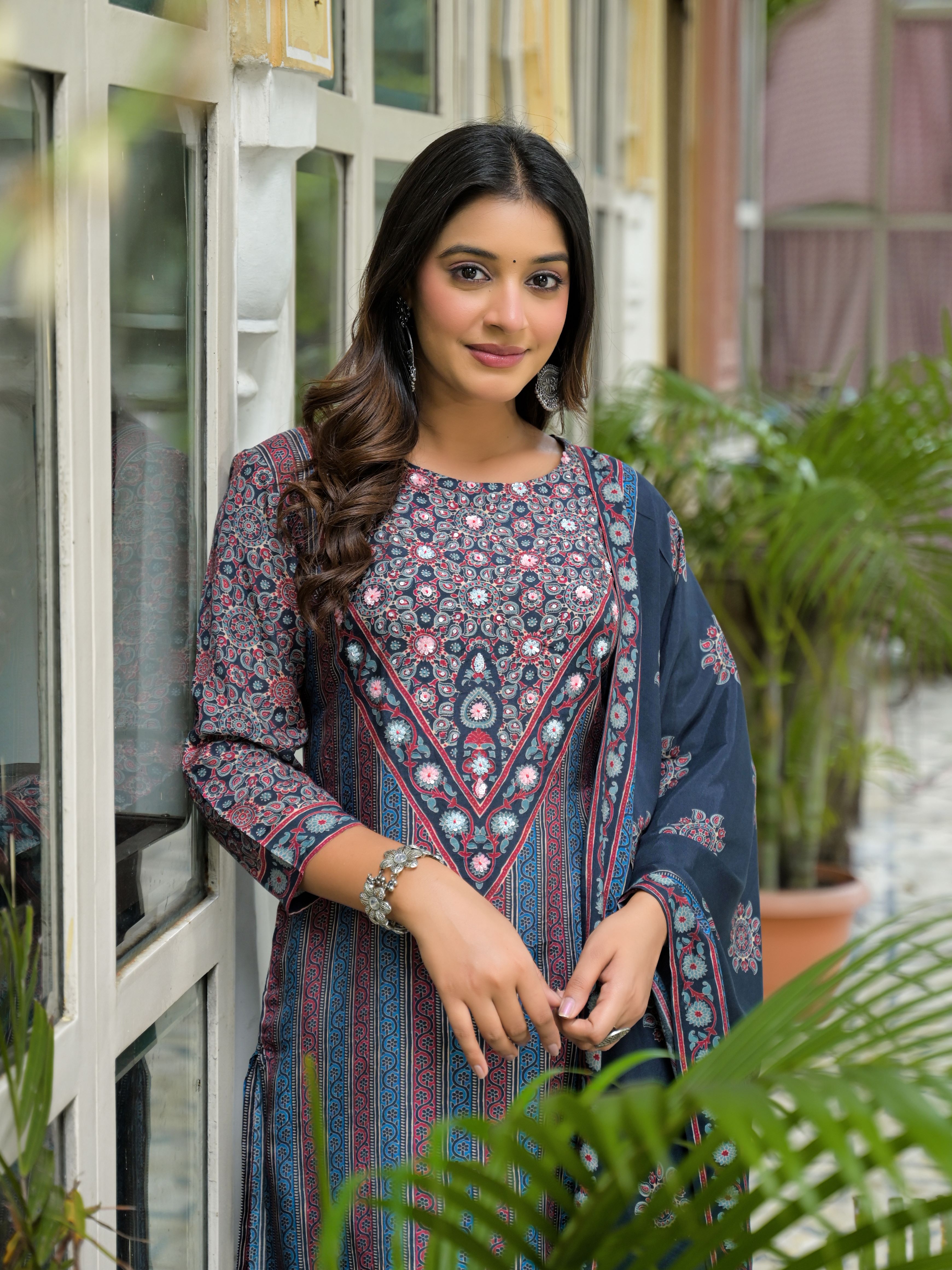 Ethnic Motifs Printed Round Neck Beads & Stones Muslin Kurta With Trousers & Dupatta