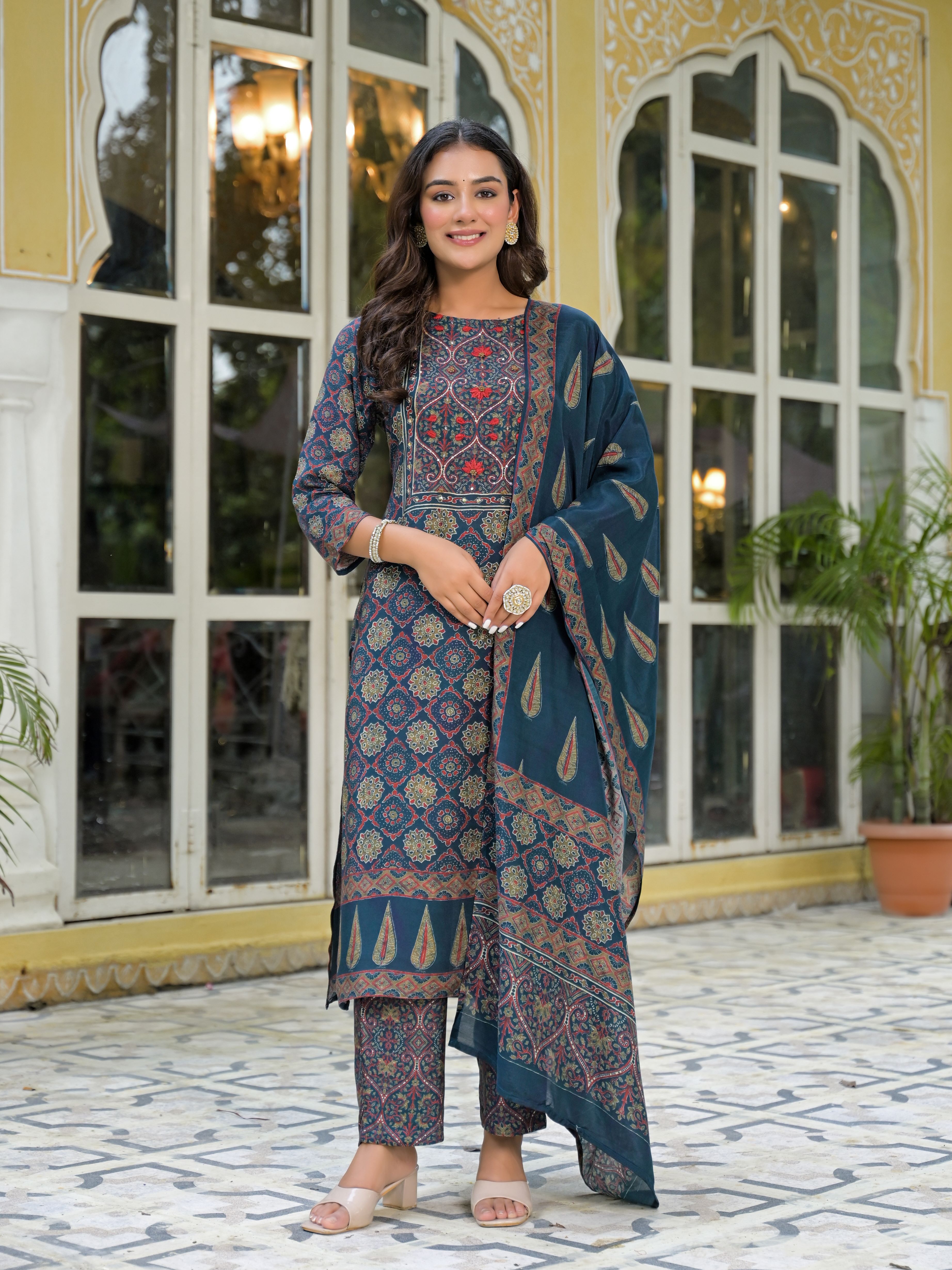 Ethnic Motifs Printed Round Neck Sequinned Muslin Kurta With Trousers & Dupatta