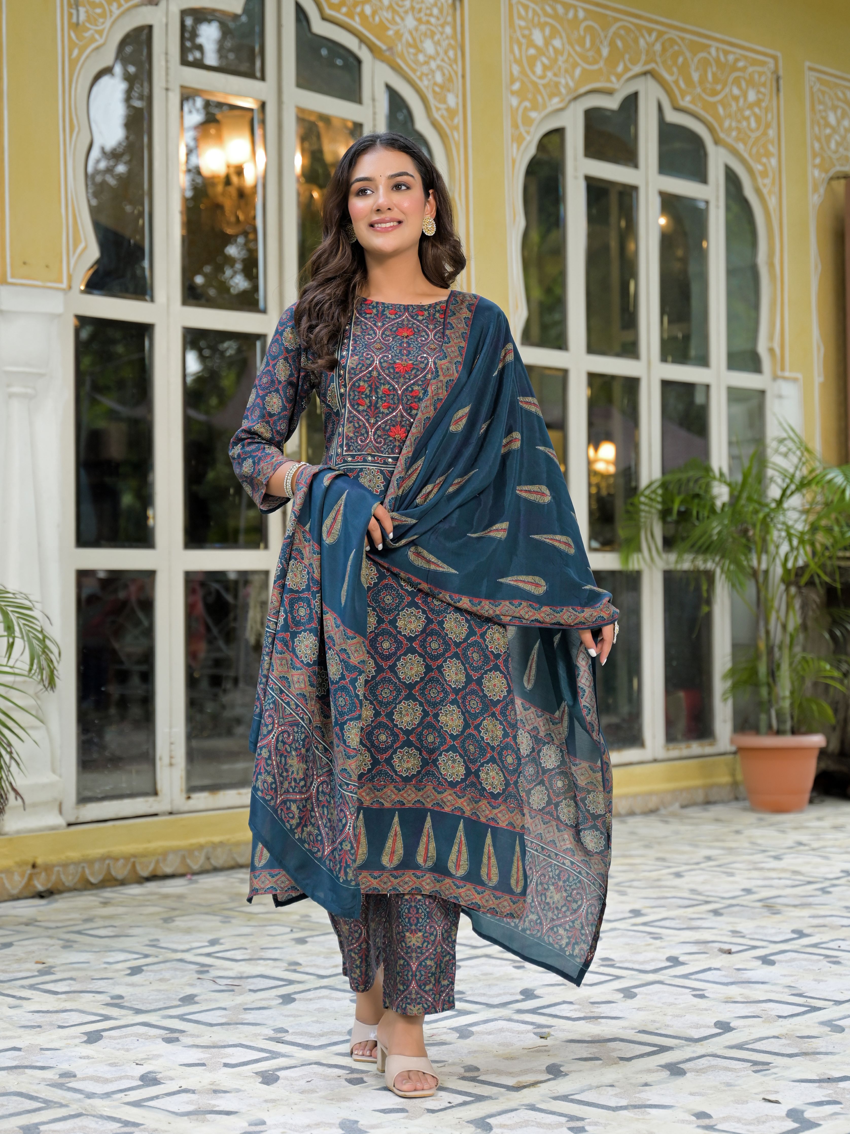 Ethnic Motifs Printed Round Neck Sequinned Muslin Kurta With Trousers & Dupatta