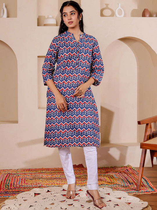 Women Chevron Printed Mandarin Collar Cotton Straight Kurta
