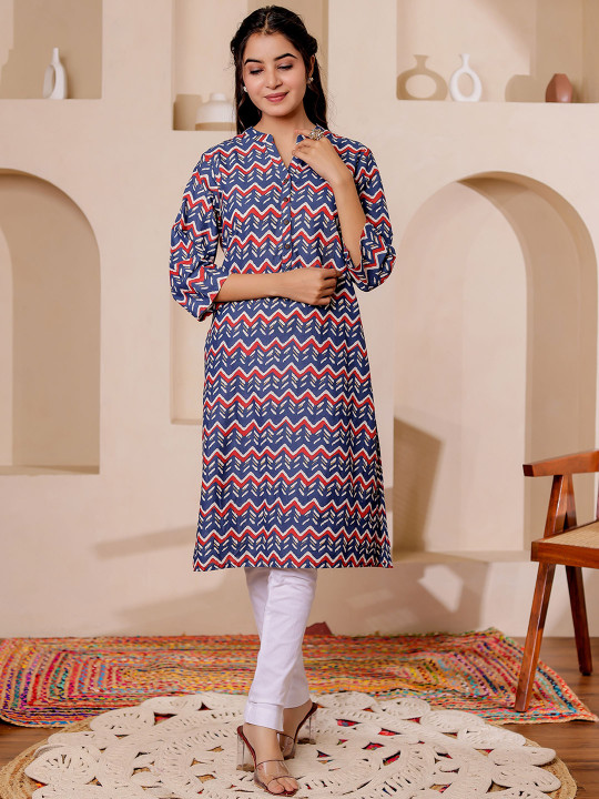 Women Chevron Printed Mandarin Collar Cotton Straight Kurta Hover