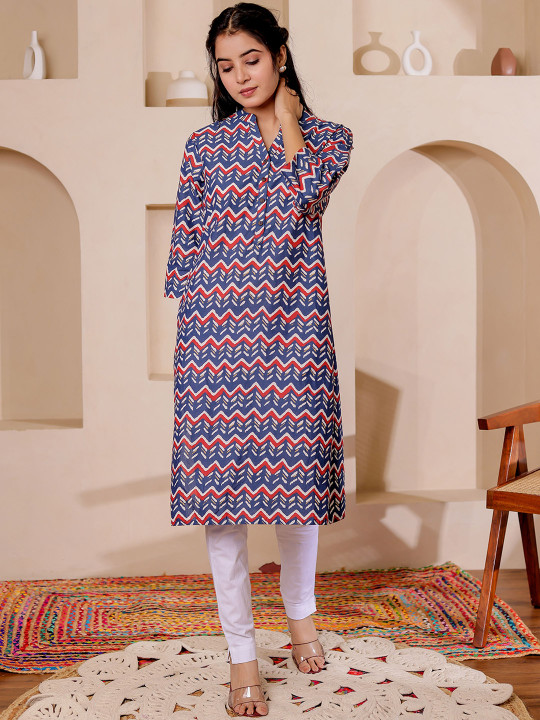 Women Chevron Printed Mandarin Collar Cotton Straight Kurta