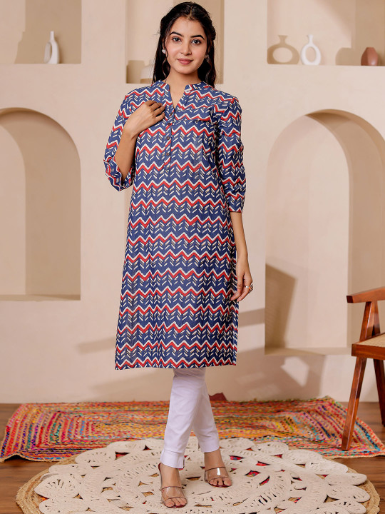 Women Chevron Printed Mandarin Collar Cotton Straight Kurta