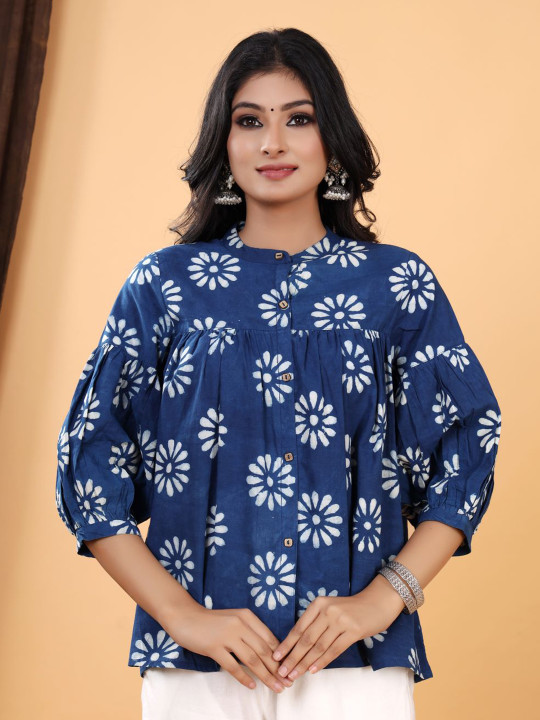 Women Floral Print Puff Sleeve Cotton Top