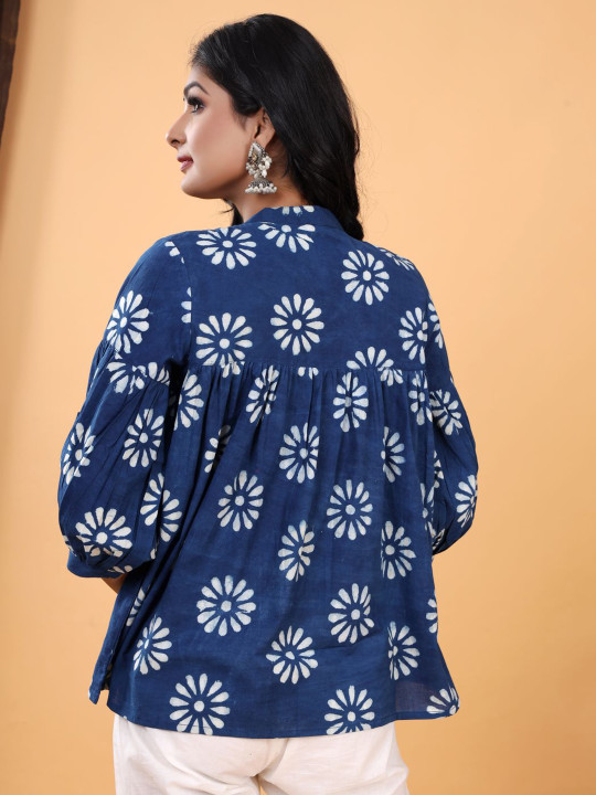 Women Floral Print Puff Sleeve Cotton Top Hover
