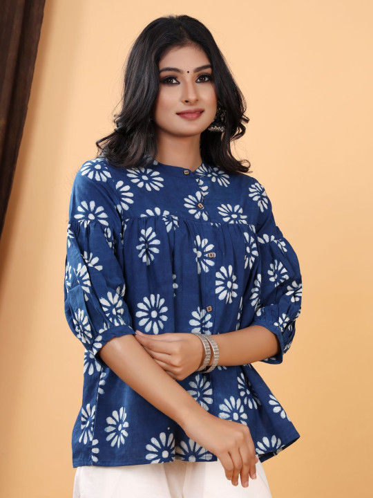Women Floral Print Puff Sleeve Cotton Top