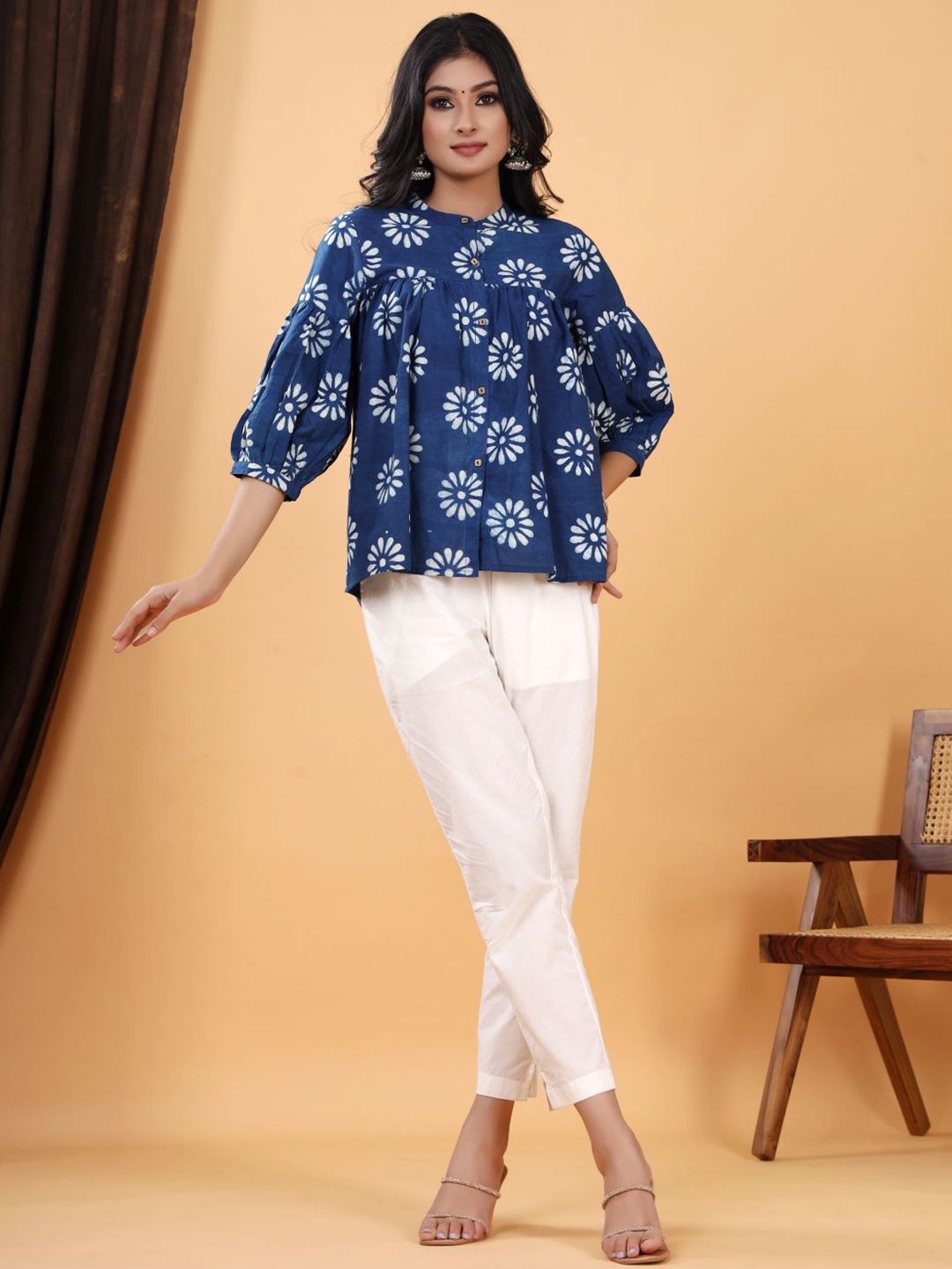Women Floral Print Puff Sleeve Cotton Top