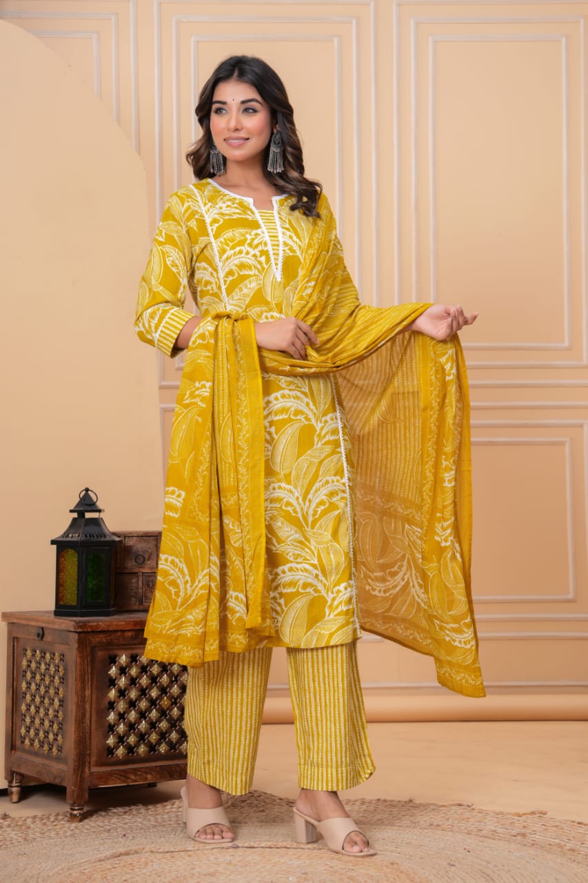 Floral Printed Regular Pure Cotton Kurta with Trousers & With Dupatta