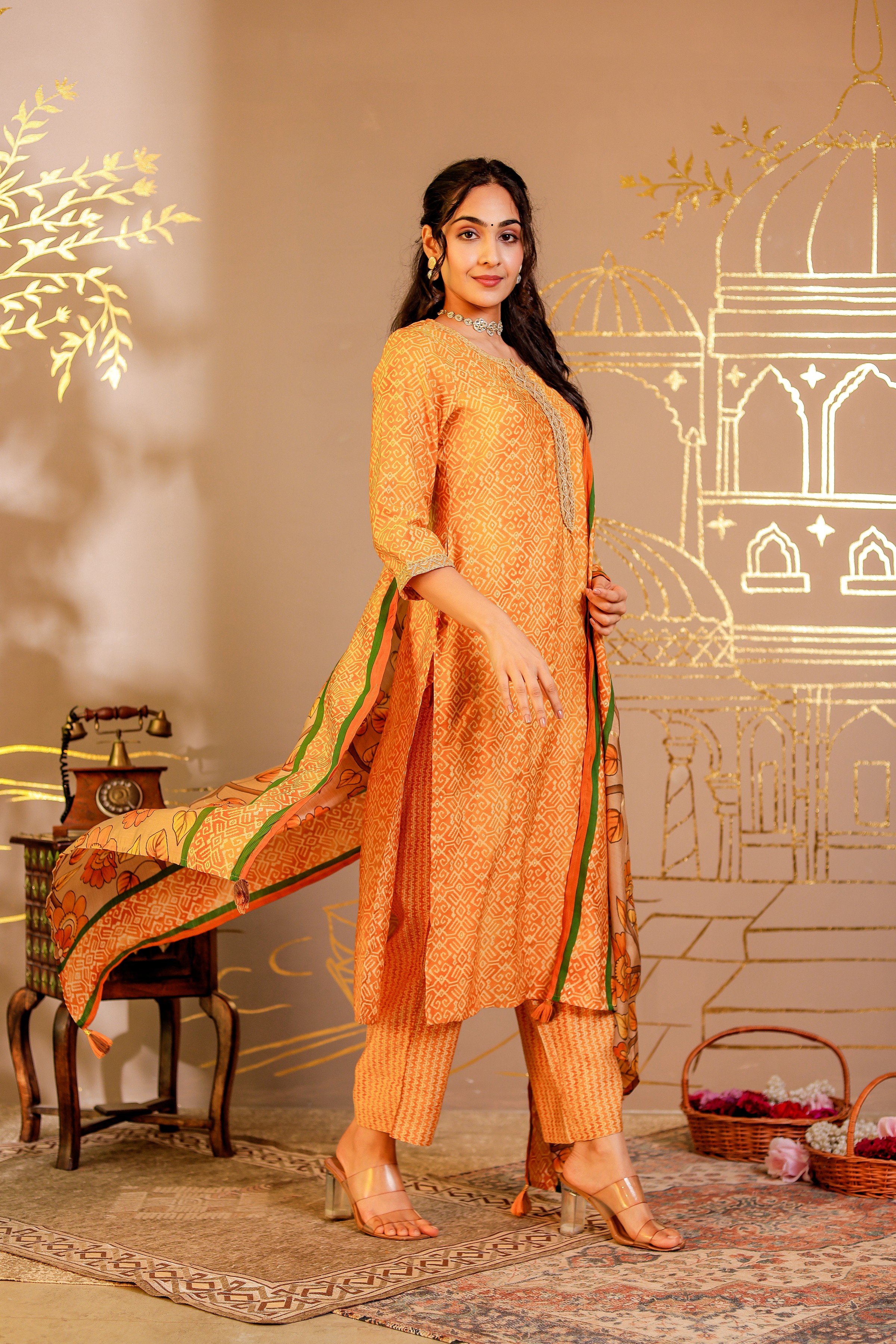 Modal Chanderi Straight Kurta With Trousers And Dupatta