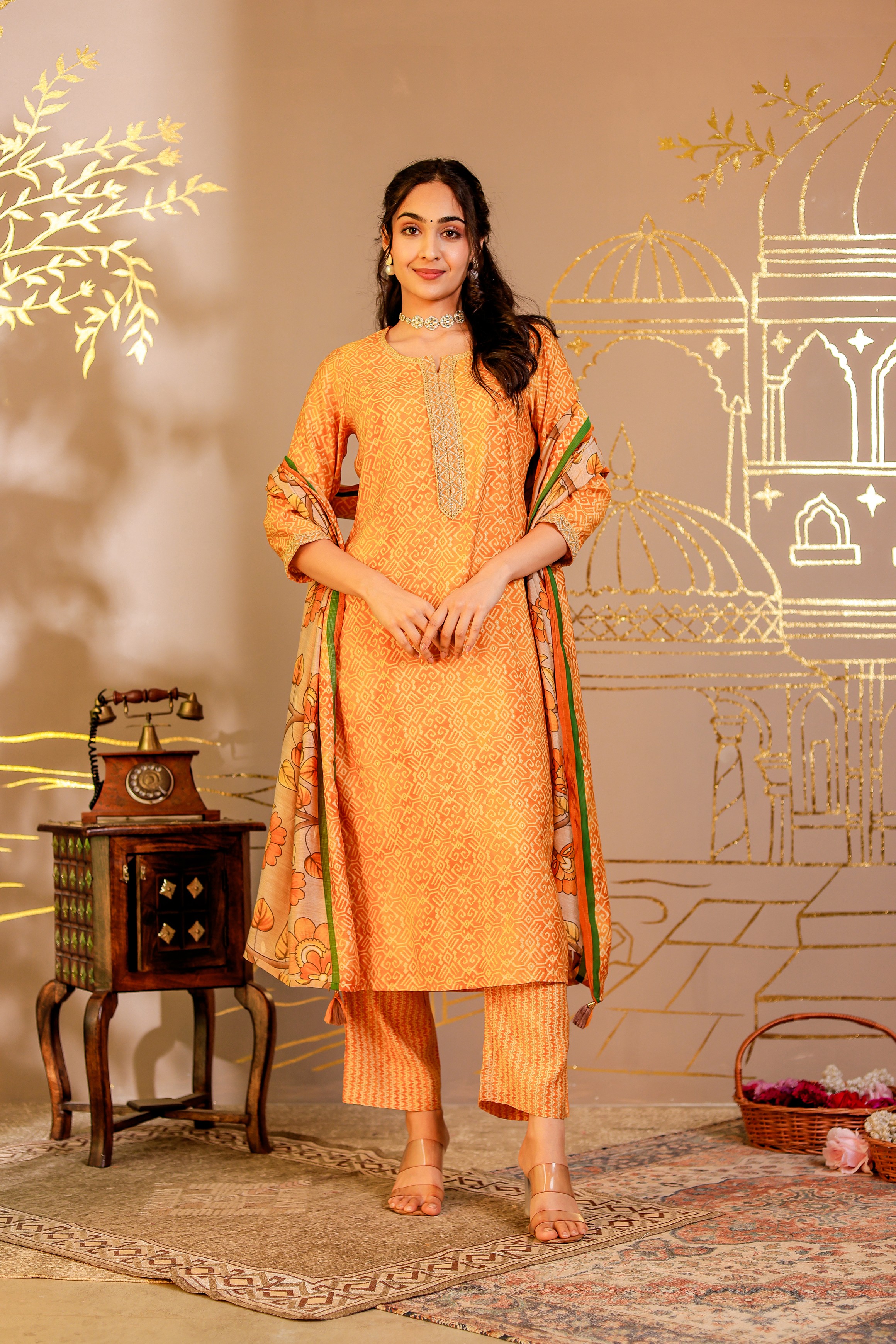 Modal Chanderi Straight Kurta With Trousers And Dupatta