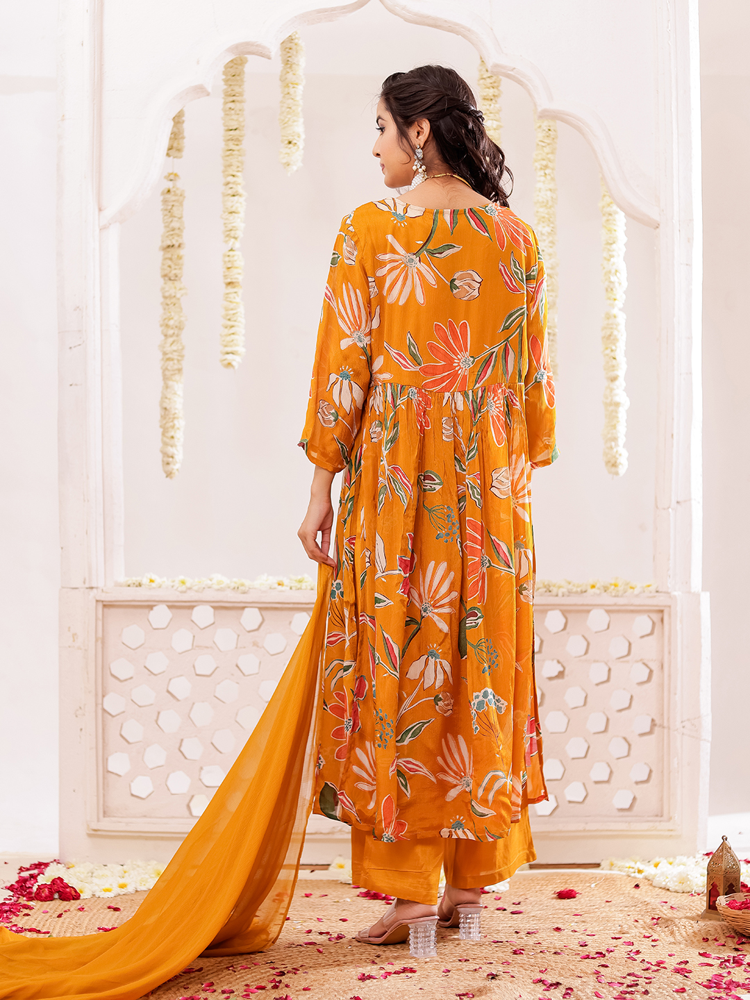 Chinon Floral Printed Adda Work Kurta, Trousers With Dupatta