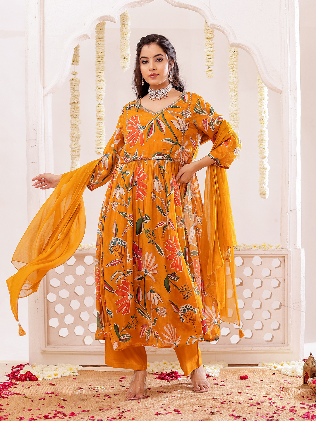 Chinon Floral Printed Adda Work Kurta, Trousers With Dupatta