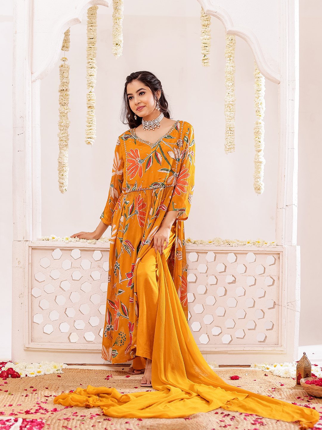 Chinon Floral Printed Adda Work Kurta, Trousers With Dupatta