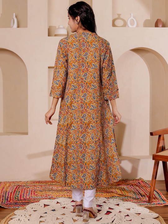Paisely Printed Mandarin Collar Kalamkari Cotton A-Line Kurta