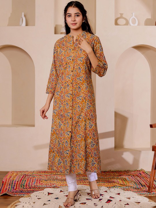 Paisely Printed Mandarin Collar Kalamkari Cotton A-Line Kurta