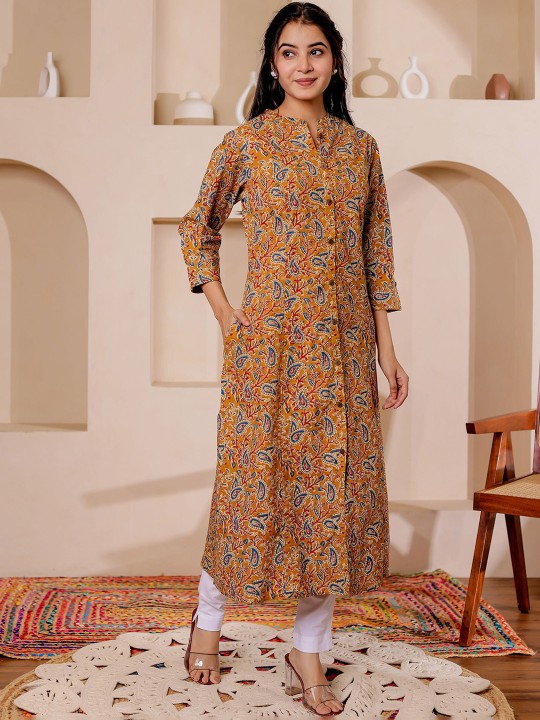 Paisely Printed Mandarin Collar Kalamkari Cotton A-Line Kurta