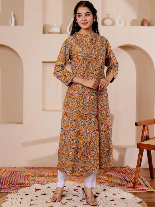 Paisely Printed Mandarin Collar Kalamkari Cotton A-Line Kurta