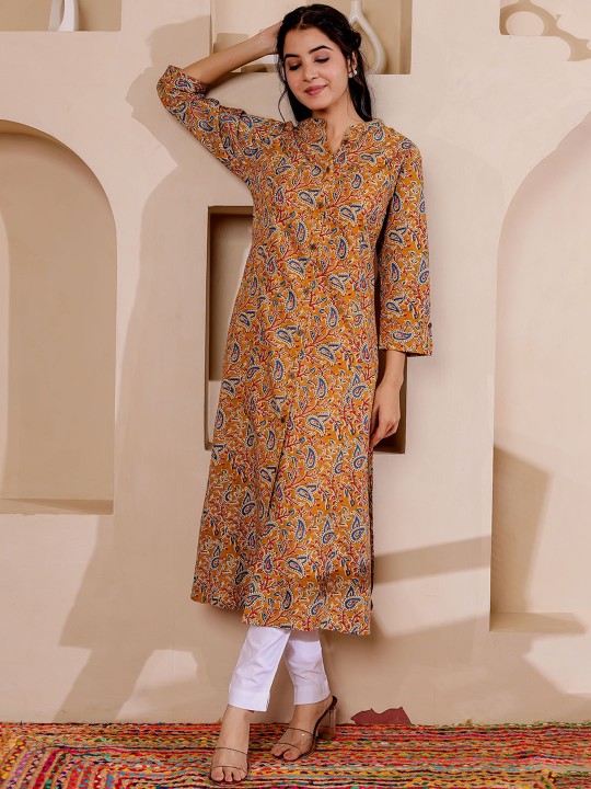 Paisely Printed Mandarin Collar Kalamkari Cotton A-Line Kurta