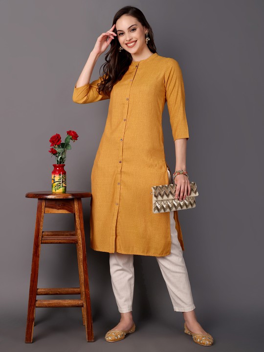 Geometric Woven Design Mandarin Collar Cotton Straight Kurta