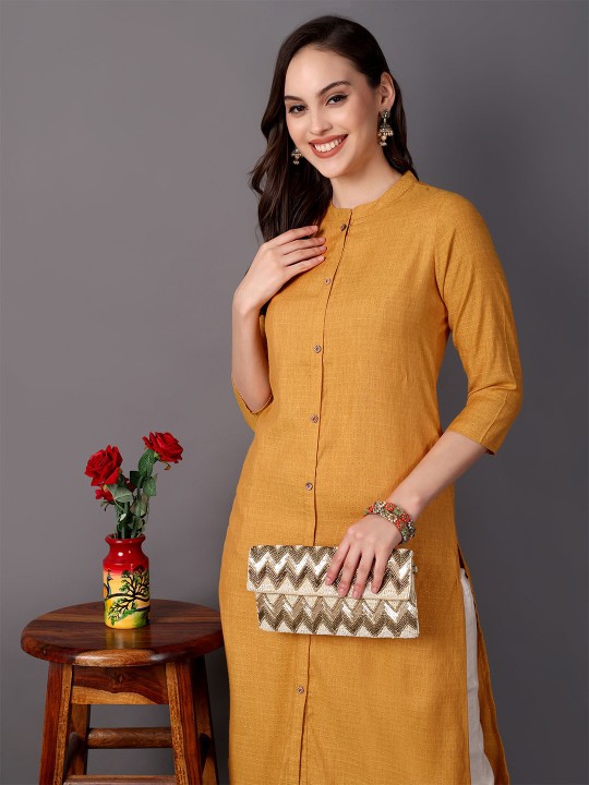 Geometric Woven Design Mandarin Collar Cotton Straight Kurta