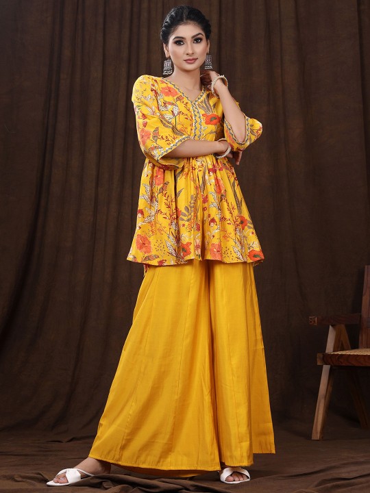 Printed V-Neck Pure Cotton Top With Palazzos