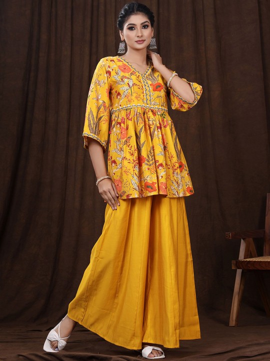 Printed V-Neck Pure Cotton Top With Palazzos
