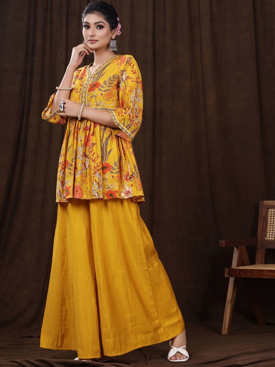 Printed V-Neck Pure Cotton Top With Palazzos