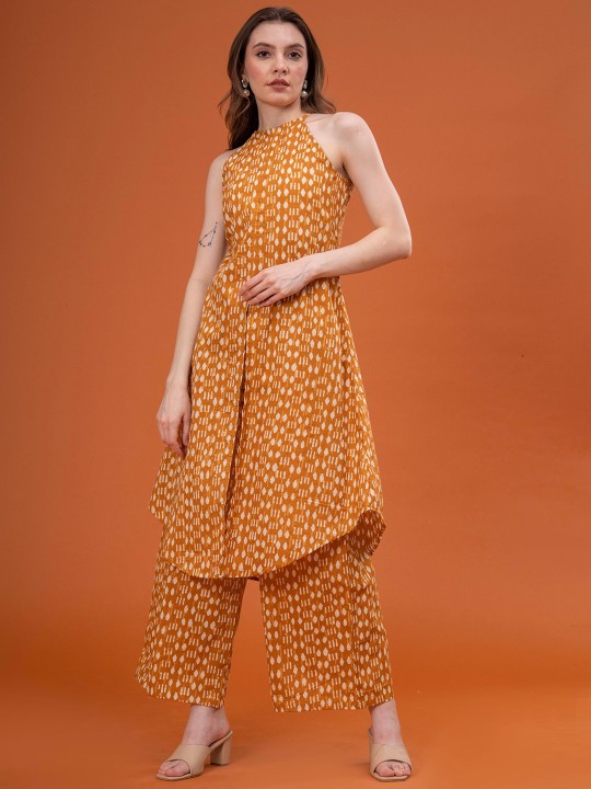 Cotton Printed Halter Neck Sleeveless Tunic With Palazzos Co-Ords