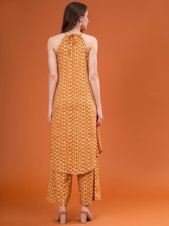 Cotton Printed Halter Neck Sleeveless Tunic With Palazzos Co-Ords
