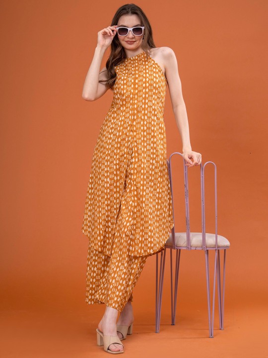 Cotton Printed Halter Neck Sleeveless Tunic With Palazzos Co-Ords