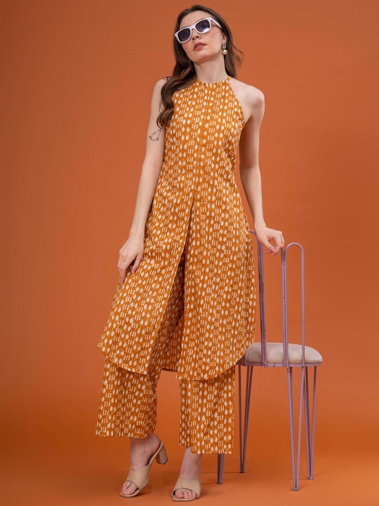 Cotton Printed Halter Neck Sleeveless Tunic With Palazzos Co-Ords