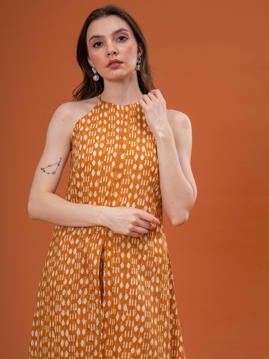 Cotton Printed Halter Neck Sleeveless Tunic With Palazzos Co-Ords