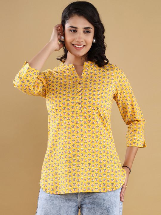 Cotton Printed Mandarin Collar Short Top