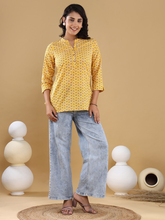 Cotton Printed Mandarin Collar Short Top