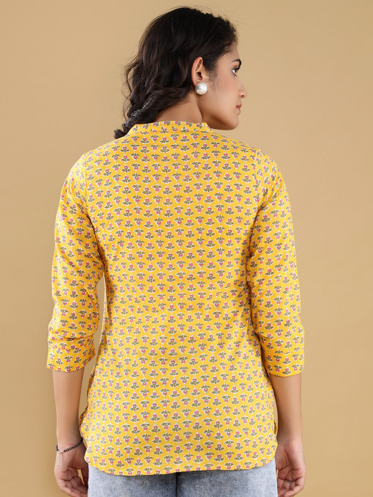 Cotton Printed Mandarin Collar Short Top