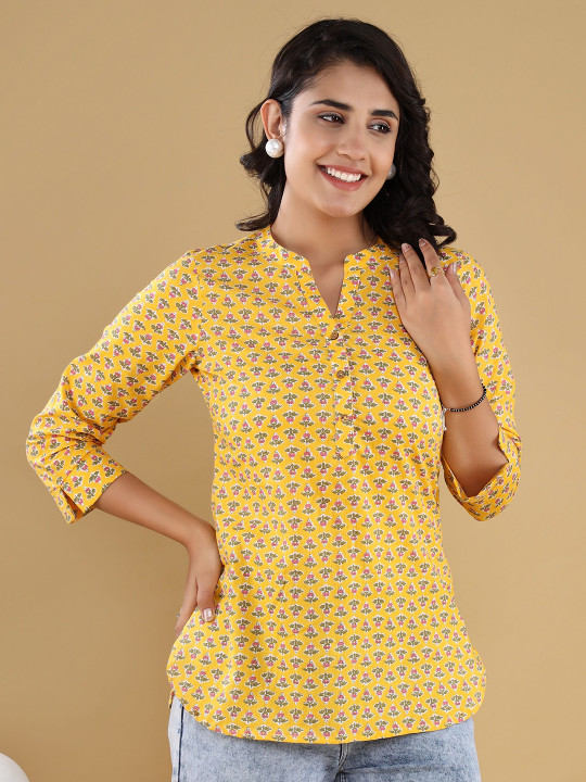 Cotton Printed Mandarin Collar Short Top