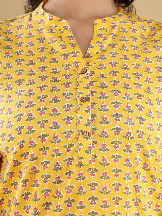 Cotton Printed Mandarin Collar Short Top