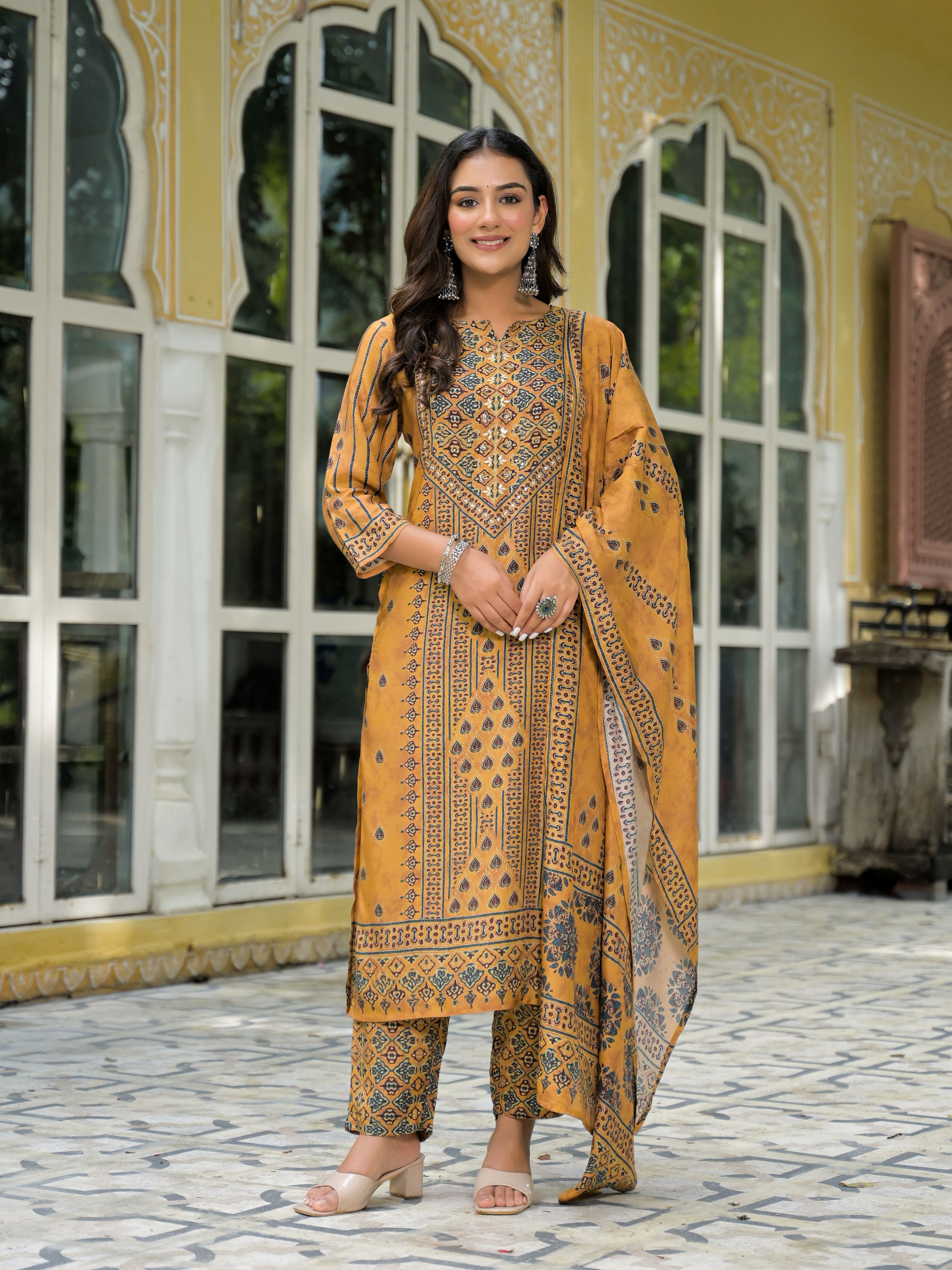 Ethnic Motifs Printed Notch Neck Sequinned Work Muslin Kurta With Trousers & Dupatta