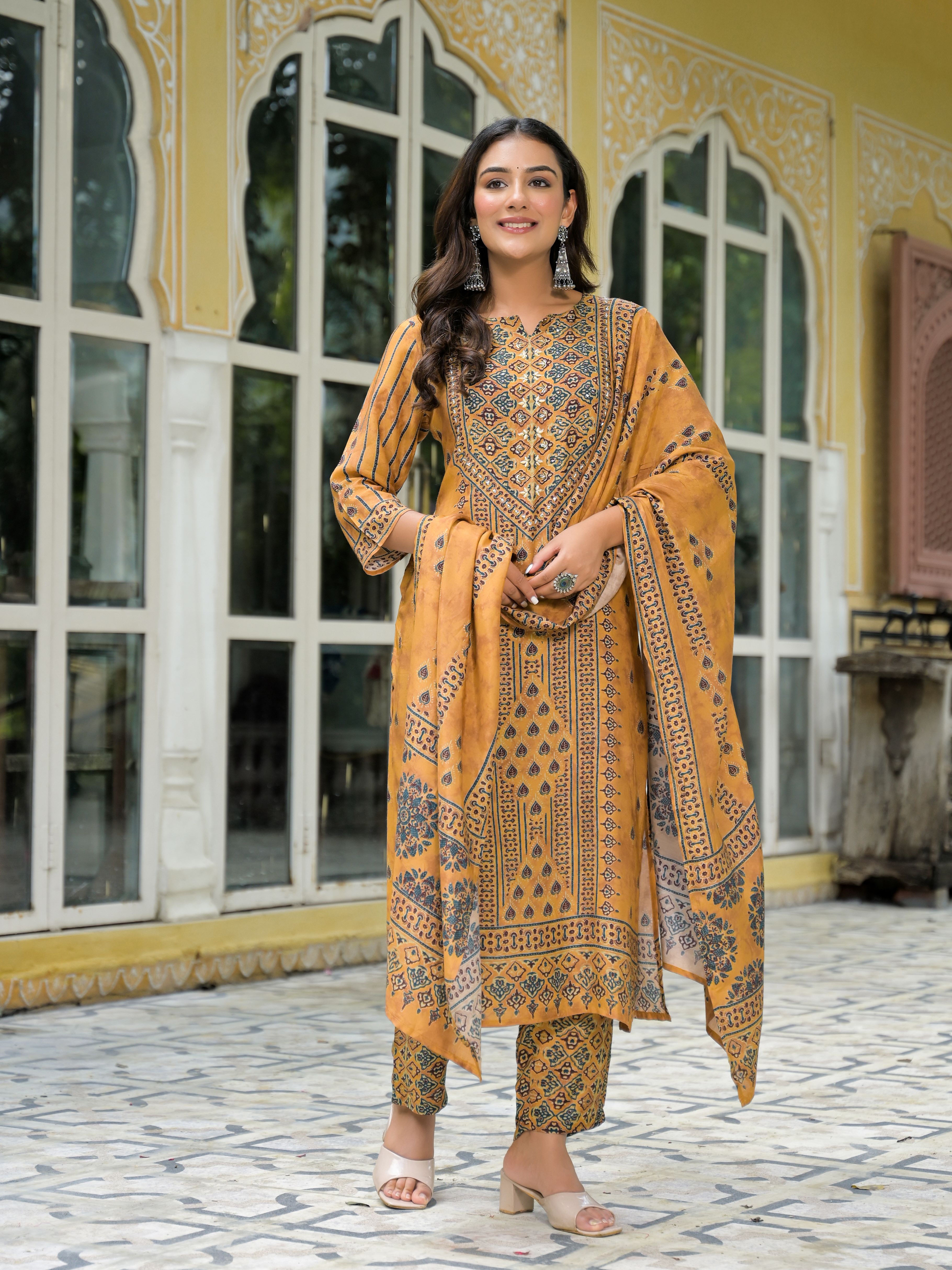 Ethnic Motifs Printed Notch Neck Sequinned Work Muslin Kurta With Trousers & Dupatta Hover