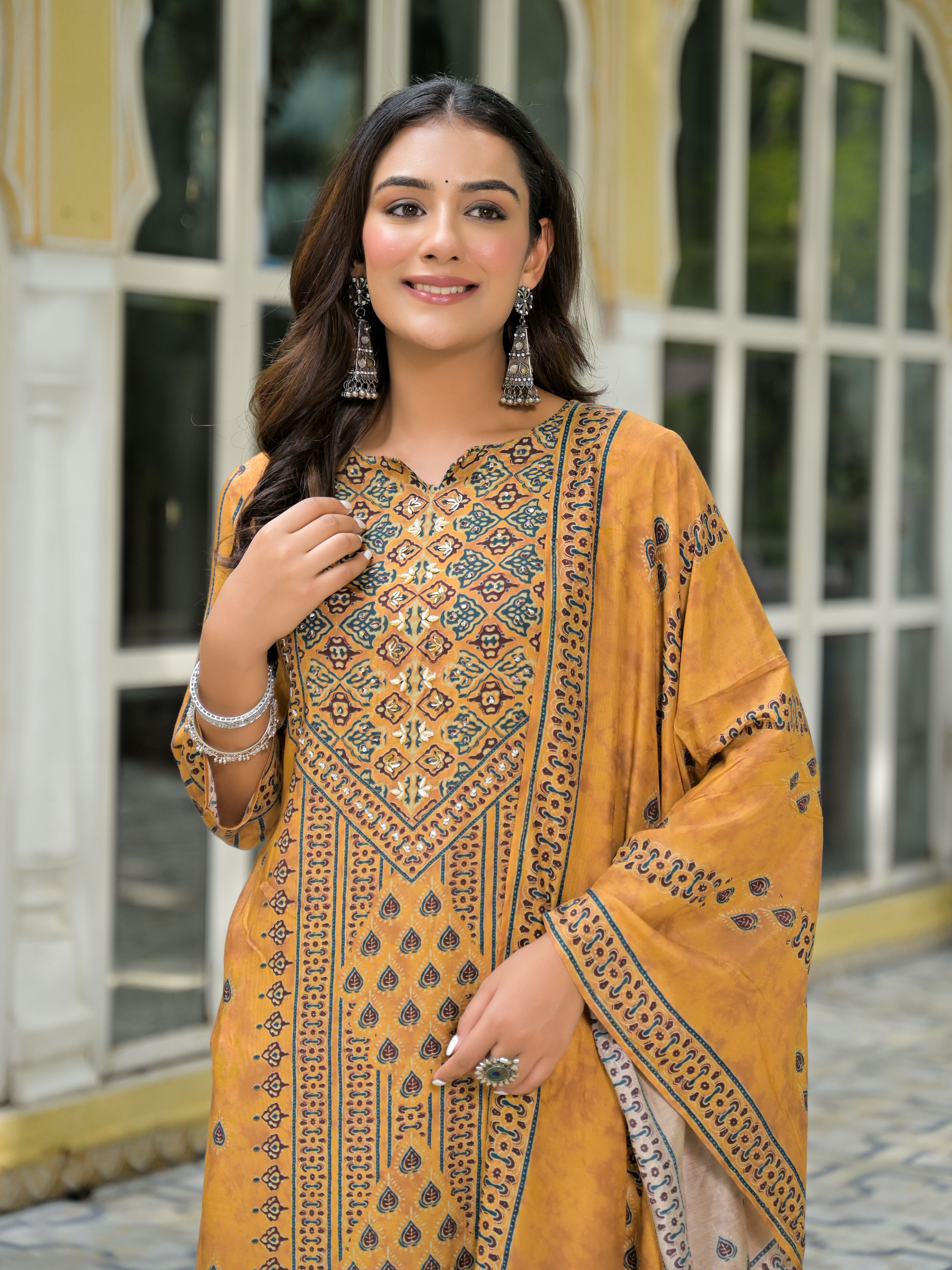 Ethnic Motifs Printed Notch Neck Sequinned Work Muslin Kurta With Trousers & Dupatta