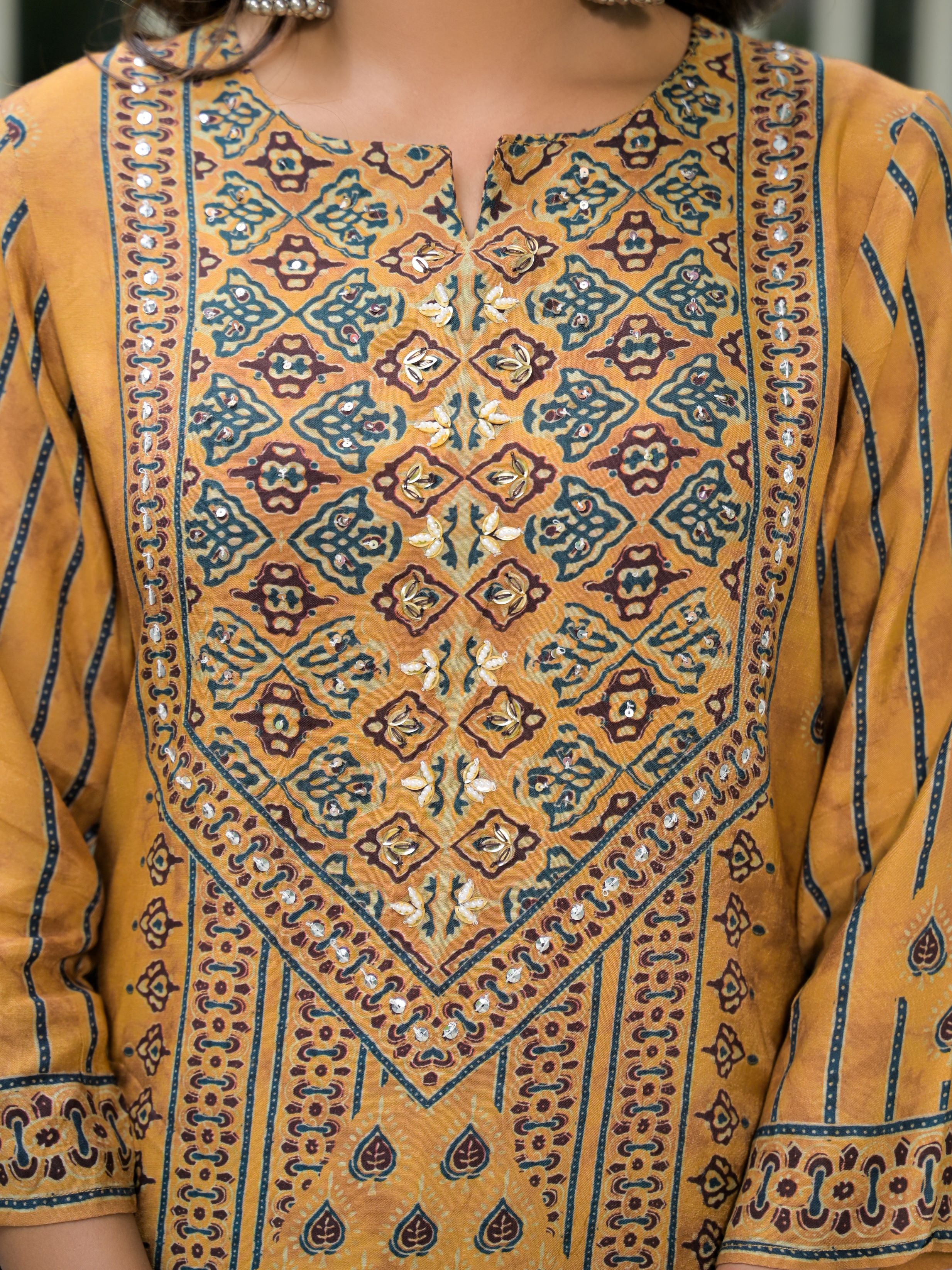 Ethnic Motifs Printed Notch Neck Sequinned Work Muslin Kurta With Trousers & Dupatta