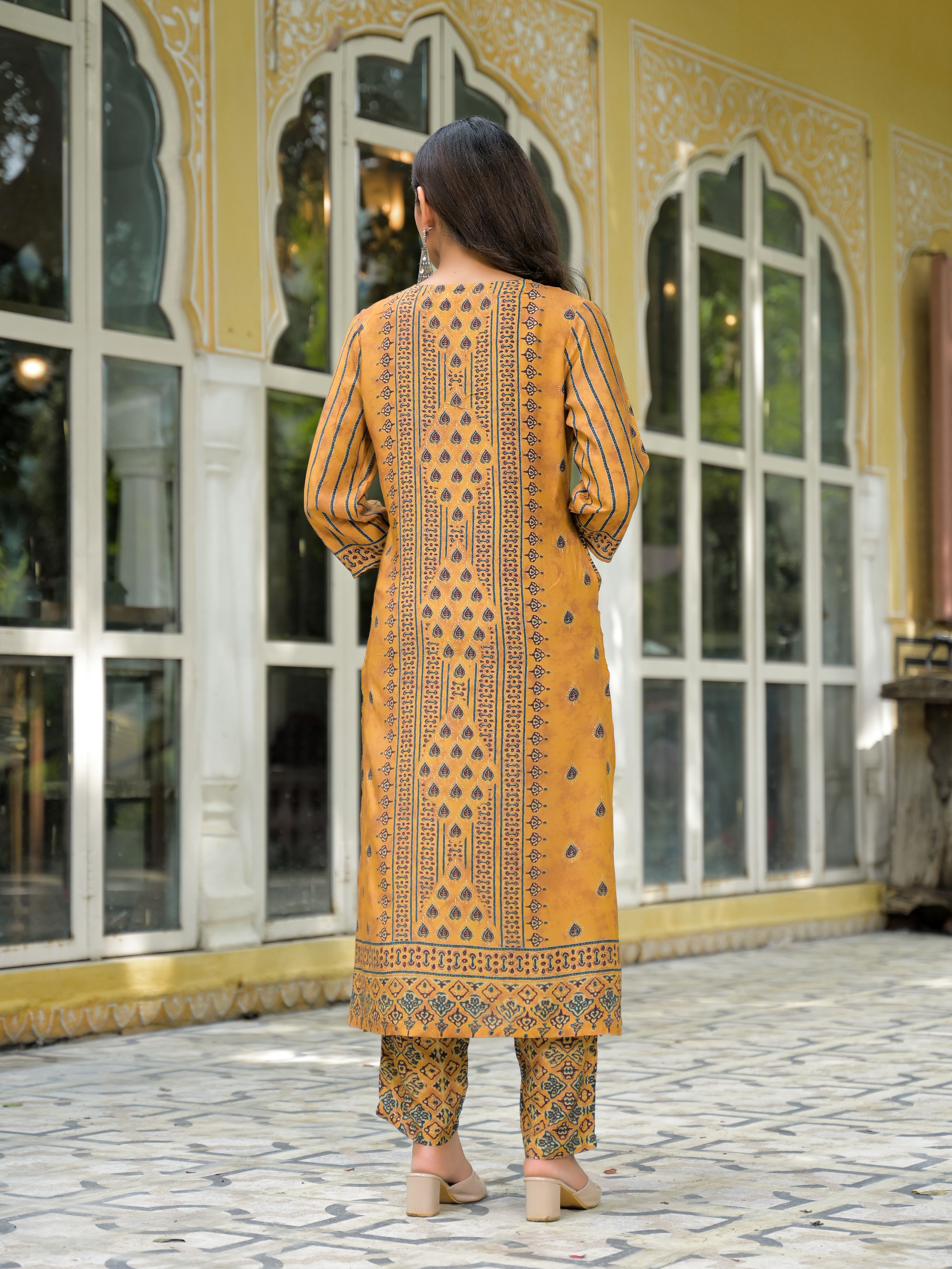 Ethnic Motifs Printed Notch Neck Sequinned Work Muslin Kurta With Trousers & Dupatta Hover