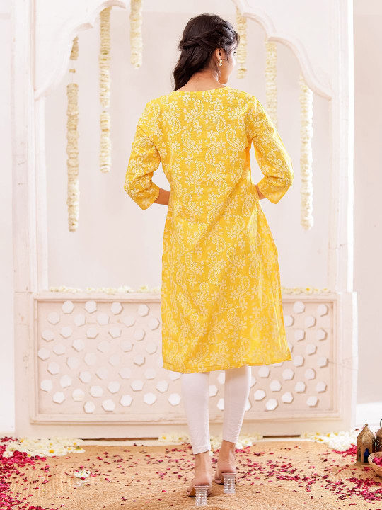 Floral Printed Notch Neck Pure Cotton Straight Kurta