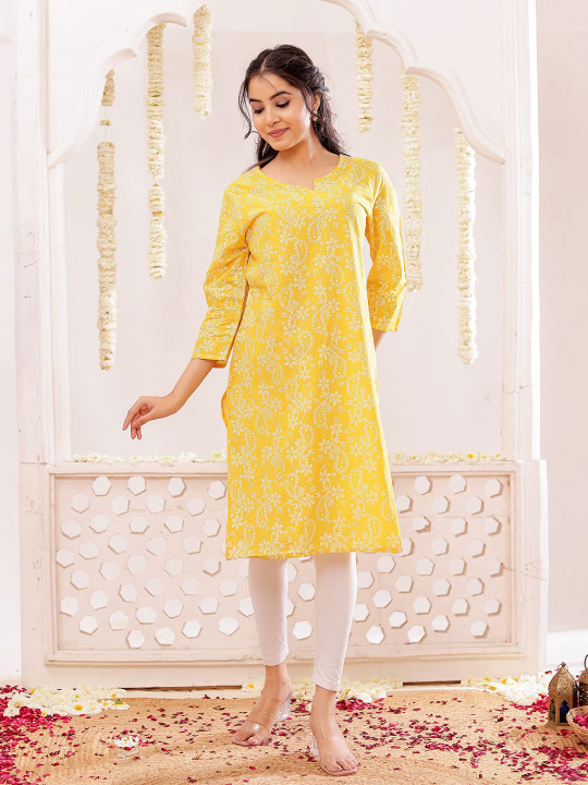 Floral Printed Notch Neck Pure Cotton Straight Kurta