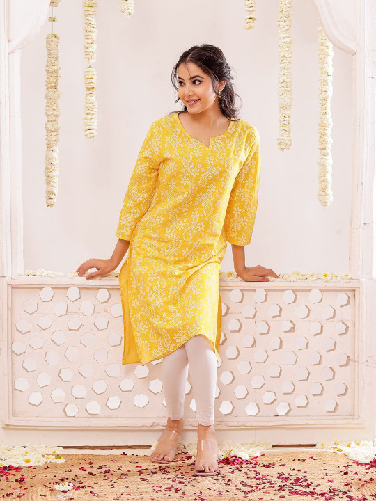 Floral Printed Notch Neck Pure Cotton Straight Kurta