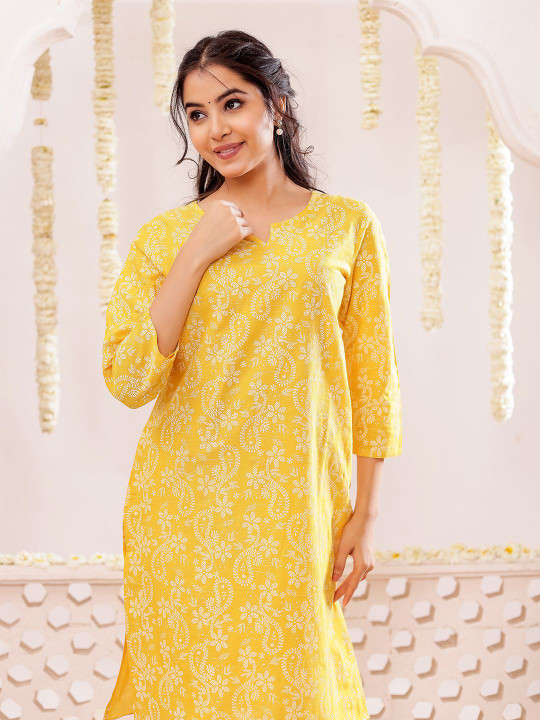 Floral Printed Notch Neck Pure Cotton Straight Kurta