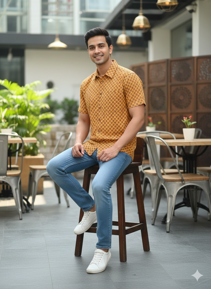 Men Classic Spread Collar Floral Printed Cotton Slim Fit Casual Shirt