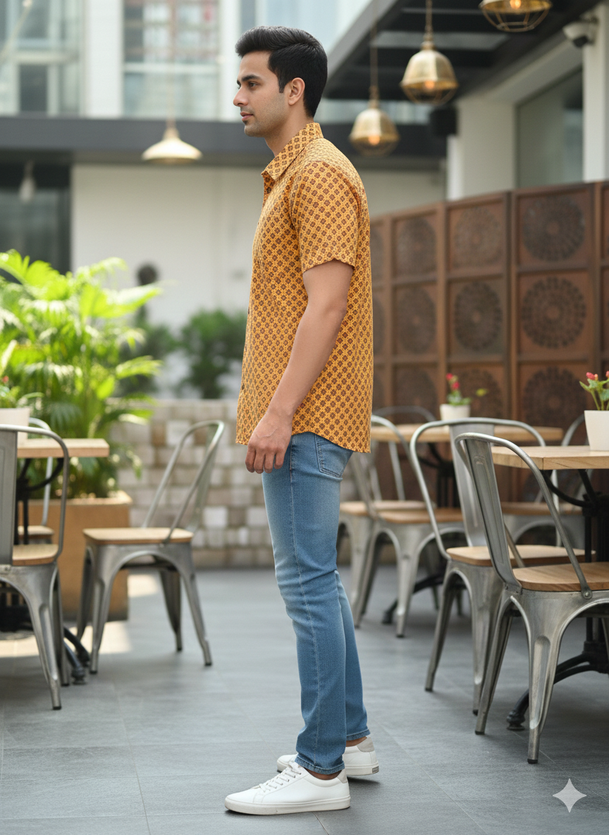 Men Classic Spread Collar Floral Printed Cotton Slim Fit Casual Shirt Hover