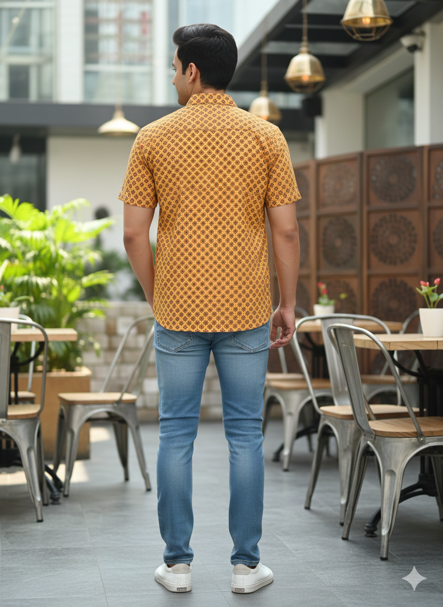 Men Classic Spread Collar Floral Printed Cotton Slim Fit Casual Shirt